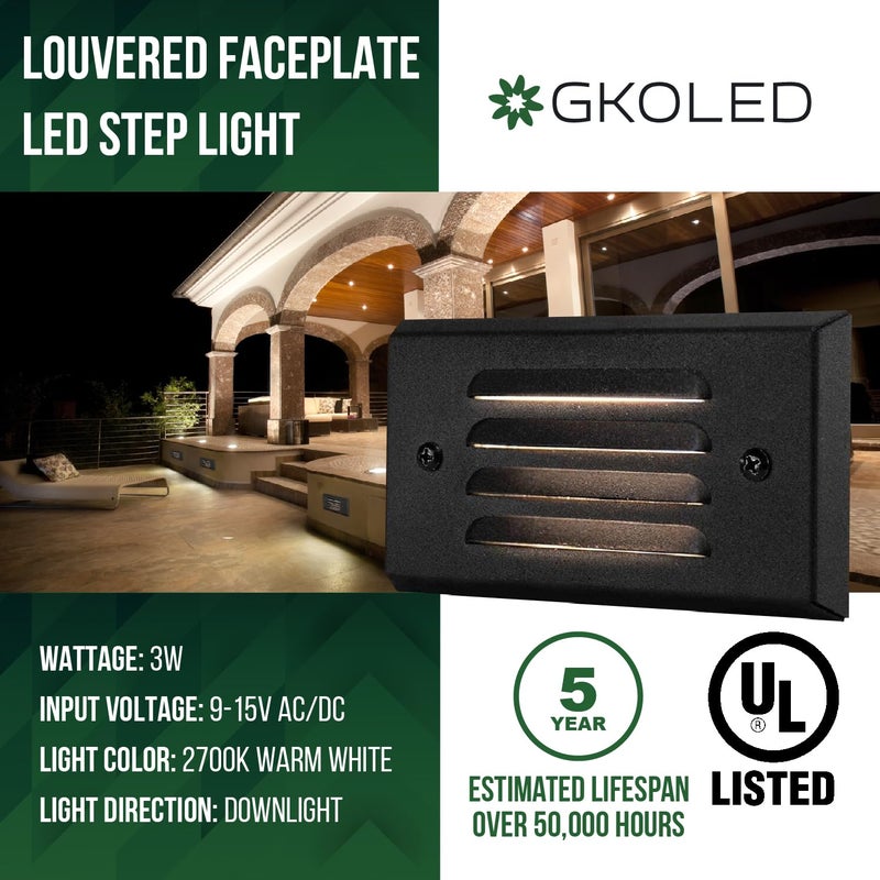 GKOLED 12V 3W Surface Mount Low Voltage LED Step Light with Horizontal Louver Faceplate for Steps Decks Pathway Yard Stairs Fences, IP65 Rated for Outdoor Waterproof, Ideal for Wet Locations (4 Packs) - Image 2